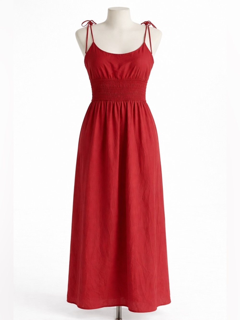 Zara Red Tie-Shoulder Smocked-Waist Maxi Dress
